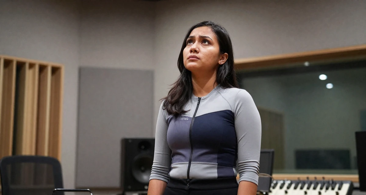 A calm and confident Female From Malaysia, majored in international business in their 22, worrying about disappointing early supporters, wearing a modern tech-wear inspired look, looking up at the sky in a music recording studio.