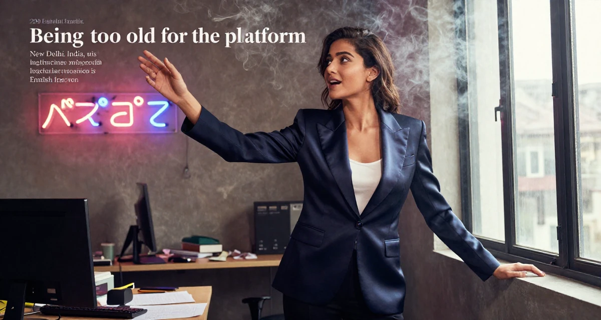 A enthusiastic Female From New Delhi India, majored in English literature in their 29, fighting the fear of being “too old for the platform”, wearing a satin lapel blazer and tuxedo pants, looking out the window in a messy desk.