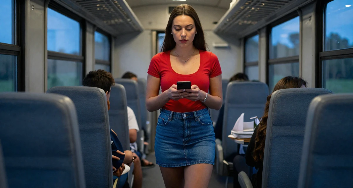 A ambitious Female Former hotel housekeeper, now offering intimate behind-the-scenes content in their 20, exploring identity through bold fashion choices, wearing a fitted scoop neck tee and a denim mini skirt, unlocking a phone screen in a train carriage.