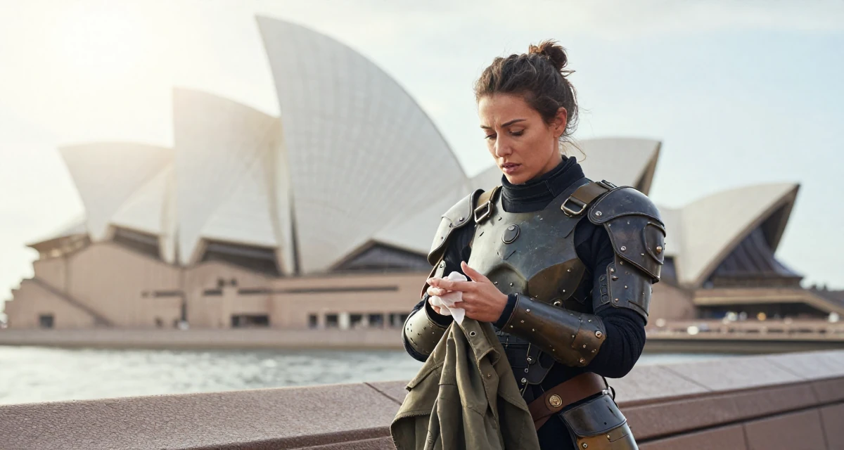 A awestruck Female From Italy, majored in photography and visual arts in their 41, expert in digital marketing for small biz, wearing a biopunk organic armor suit, wiping hands in a museum exhibit.