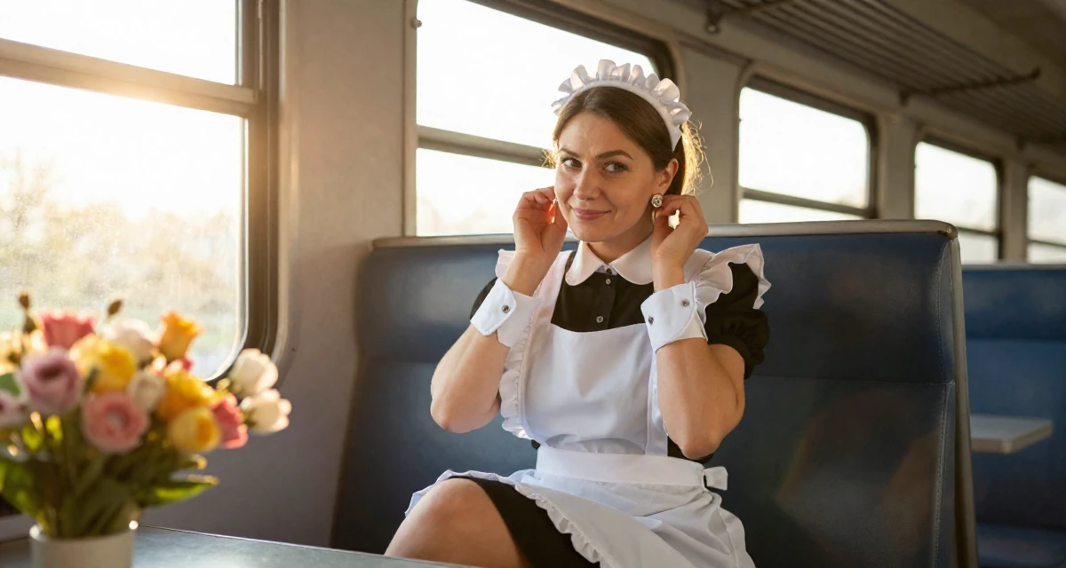 A amused Female From Russia, majored in international trade in their 50, established authority in a niche industry, wearing a maid outfit with a white apron and ruffled headband, putting on earrings in a train carriage.