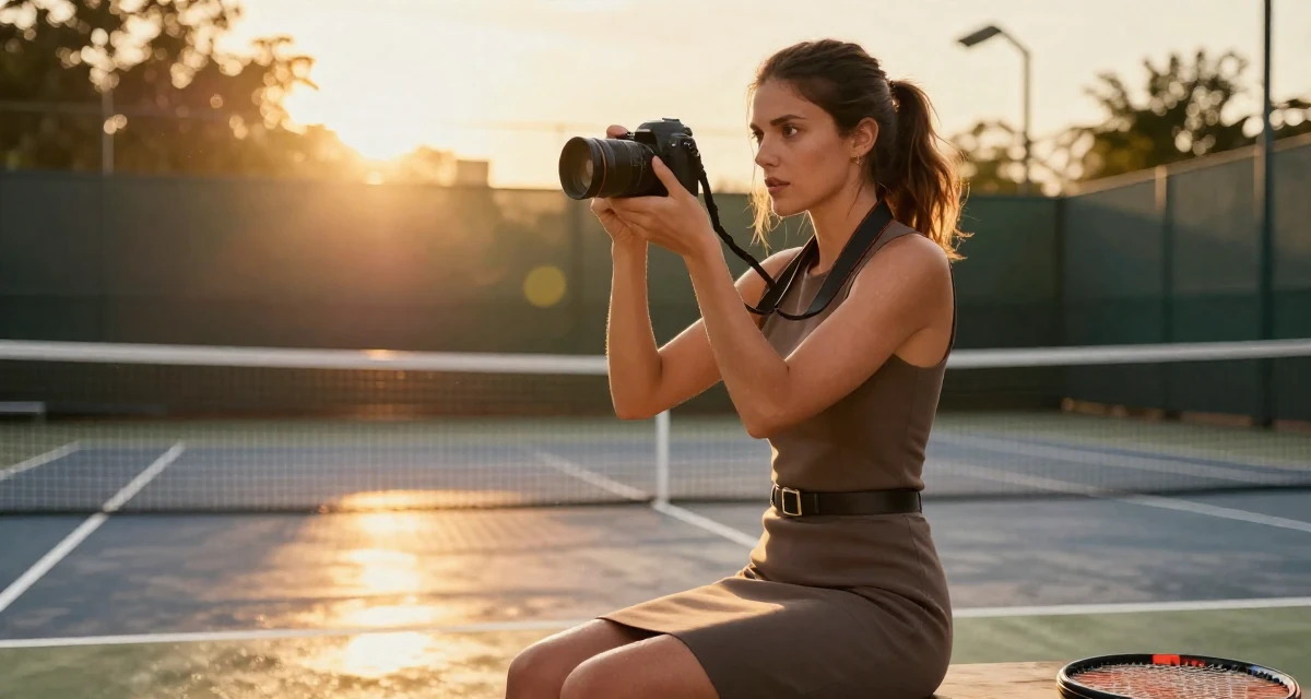 A fascinated Female From Argentina, studied digital illustration at a local art institute in their 32, focusing on health and longevity habits, wearing a fitted sleeveless shift dress with a belt, holding a camera ready to shoot in a tennis court.