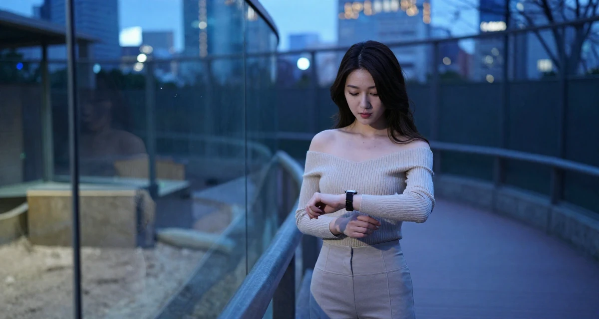 A dreamy Female From Tokyo Japan, studied gravure-style posing and aesthetic direction in their 24, choosing props that elevate sensual tension, wearing a off-the-shoulder knit top and fitted trousers, glancing at a wristwatch in a zoo enclosure path.