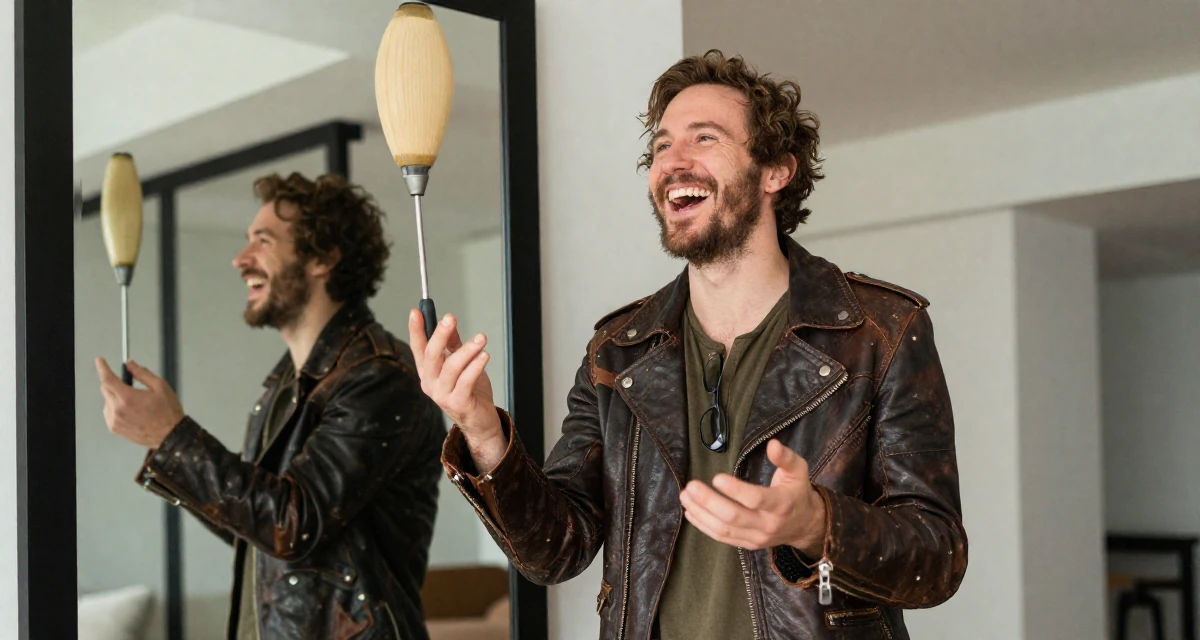 A coy male Once a junior accountant, now embracing creative independence in their 25, juggling early career and side gigs, wearing a post-apocalyptic scavenger outfit with distressed leather, laughing uncontrollably in a home interior.