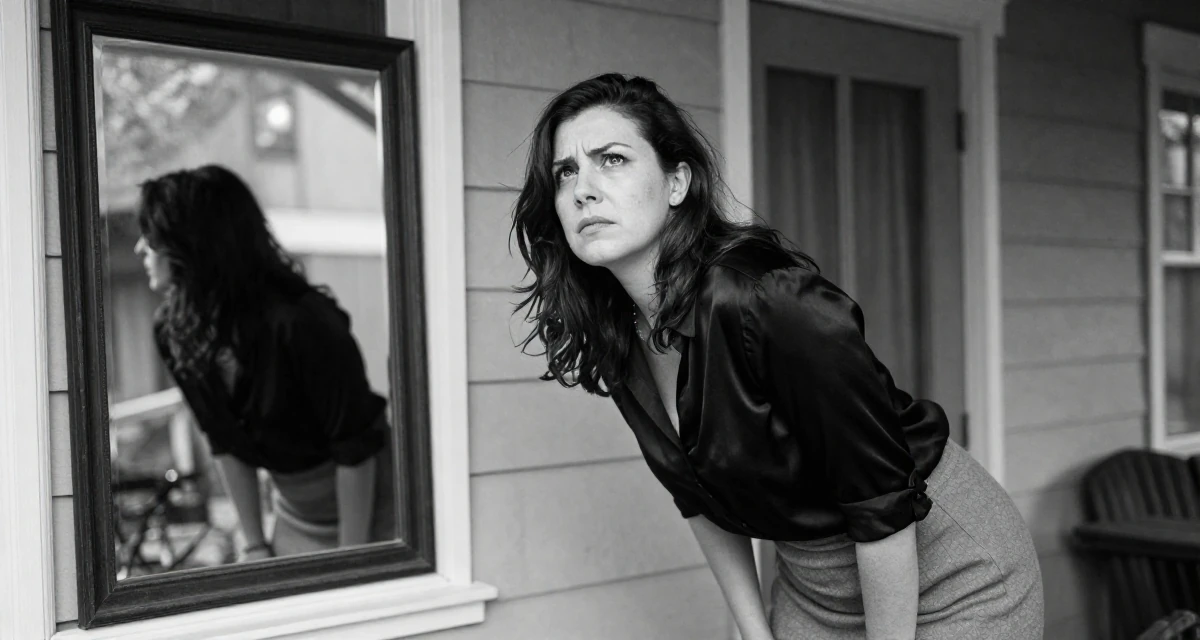 A impatient Female Once a logistics coordinator, now creating body-positivity material in their 47, preparing for empty-nest life, wearing a black silk blouse slightly unbuttoned and a grey skirt, checking a reflection in a window in a front porch.