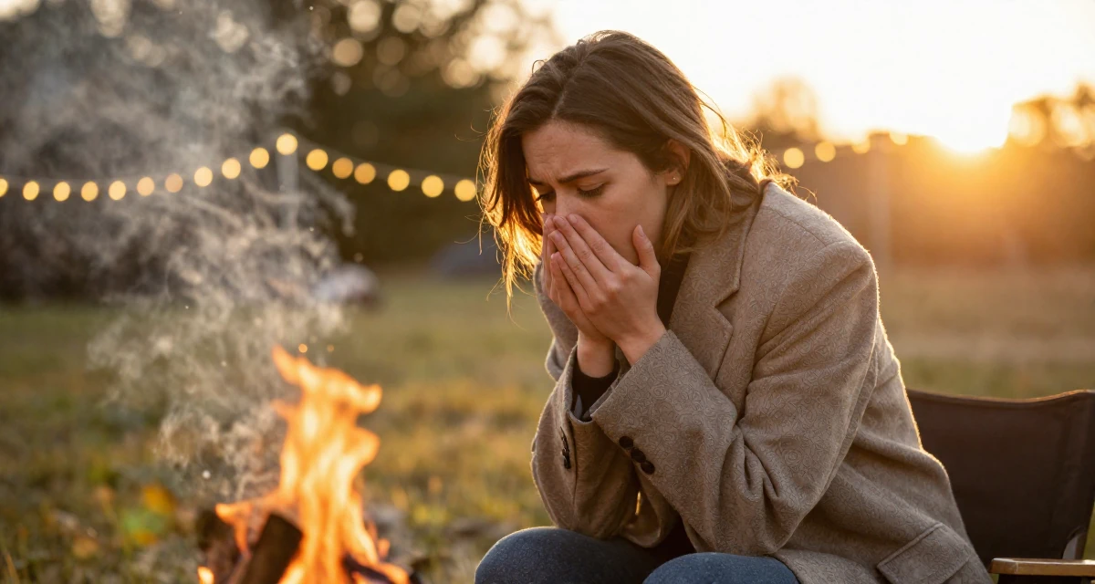 A open and honest Female From Canada, studied hospitality management in their 24, learning to work through emotional lows, wearing a oversized blazer draped over the shoulders, shivering slightly in a campfire circle.