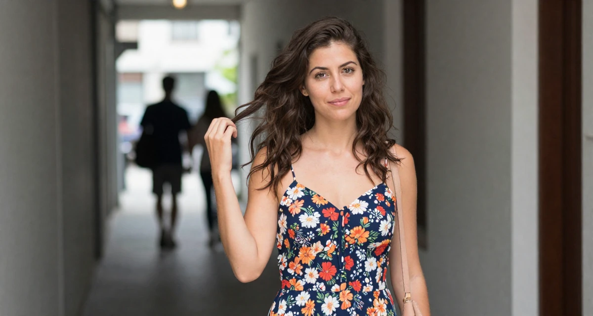 A subtly confident Female From Canada, majored in english and creative writing in their 29, letting go of the need to please everyone, wearing a backless summer sundress in a floral print, holding a purse tightly in a narrow hallway.