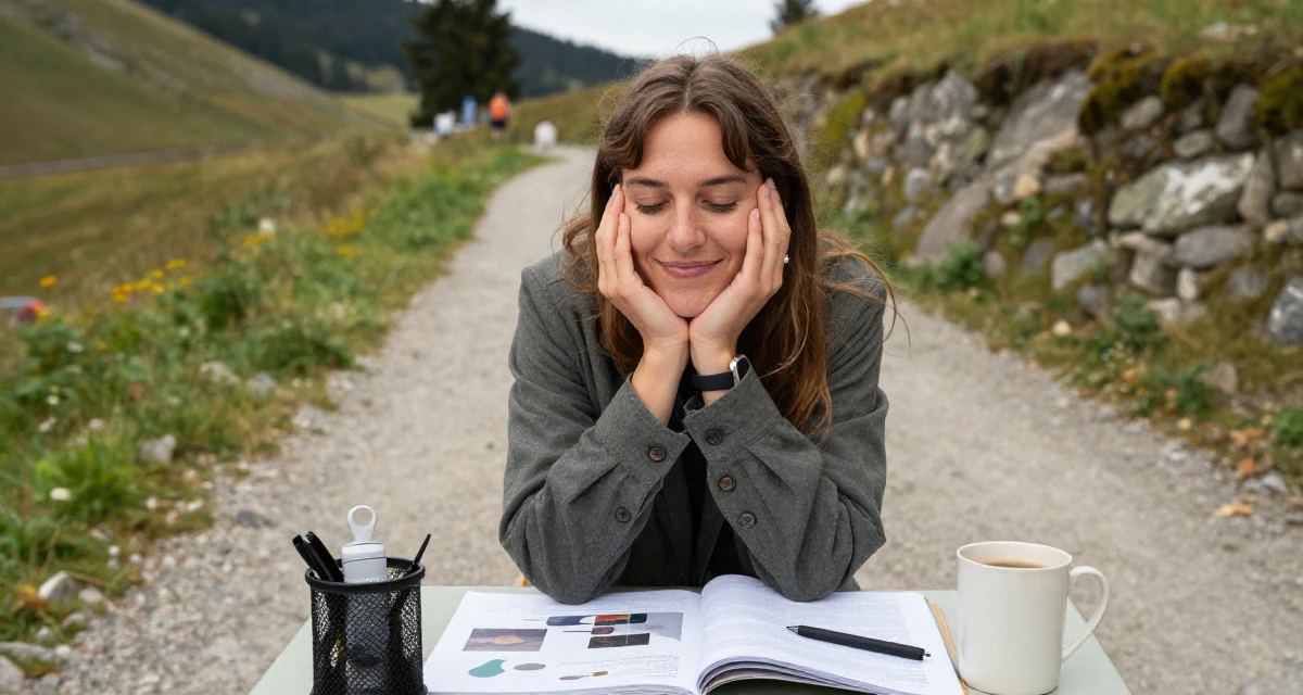 A zen-like Female From Germany, based in Düsseldorf, graduated from a design university majoring in atmospheric visual storytelling in their 25, experimenting with niche themes to stand out, wearing a comfortable urban casual outfit, laughing softly in a mountain trail.