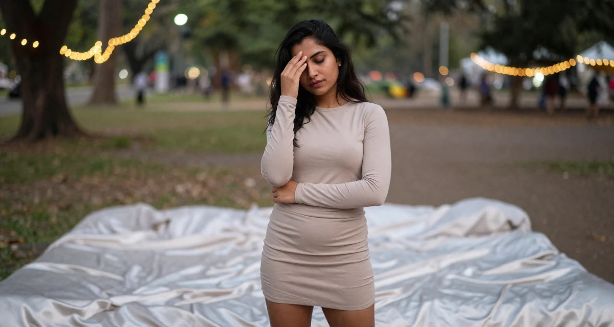 A innocent Female From Sri Lanka, based in Kandy, graduated from a regional institute majoring in advertising in their 24, cutting off toxic relationships without guilt, wearing a mini wrap skirt and a fitted long-sleeve top, resting a hand on the forehead in a quiet park.