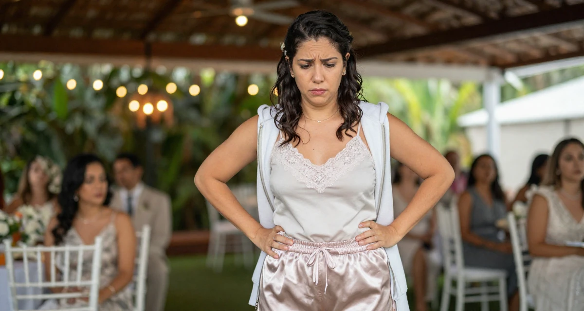 A worried Female From Brazil, has a background in journalism in their 29, preparing for the transition into the 30s, wearing a lace-trimmed camisole and silk lounge shorts, zipping up a hoodie in a wedding venue.