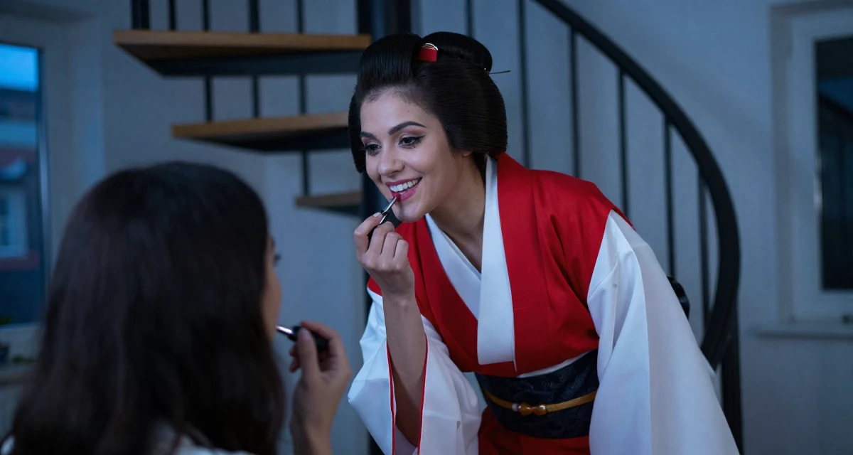 A happy Female From Kraków Poland, majored in European studies in their 24, leaning into confidence as a form of creative expression, wearing a traditional Japanese miko priestess robe in red and white, applying lipstick in a home interior.