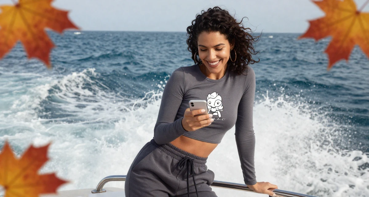 A joyful Female From Mexico, studied graphic design and illustration in their 22, learning that fans disappear as fast as they come, wearing a tight long-sleeve crop top and jogger pants, texting with both thumbs in a yacht deck.