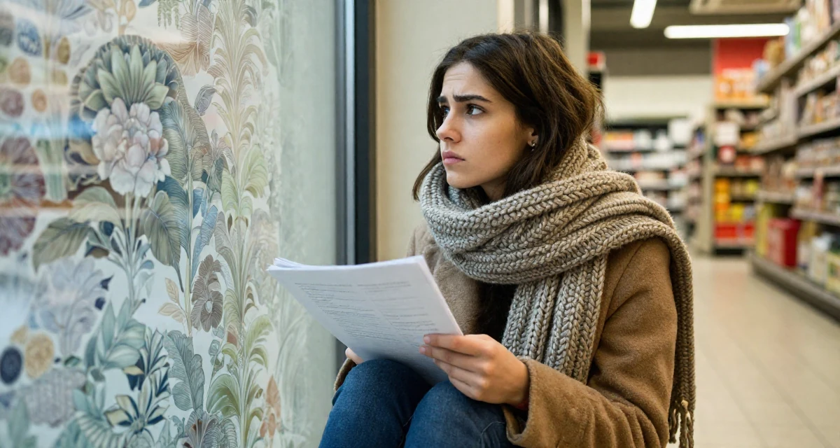A moody Female From Czech Republic, studied photography and cinematography in their 23, fighting algorithm despair while submitting homework, wearing a heavy knit scarf and coat, looking out the window in a supermarket aisle.