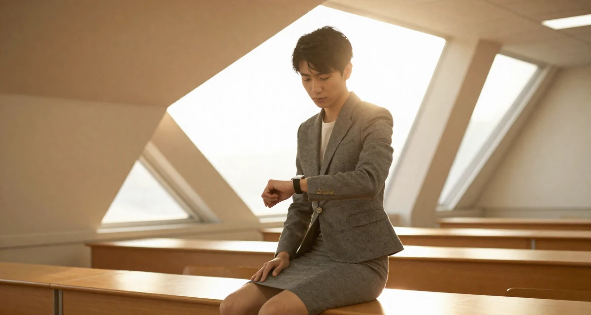 A timid male Once a biology teacher, now exploring artistic movement expression in their 23, learning to set boundaries with bosses, wearing a structured peplum jacket and a tight skirt, glancing at a wristwatch in a classroom setting.