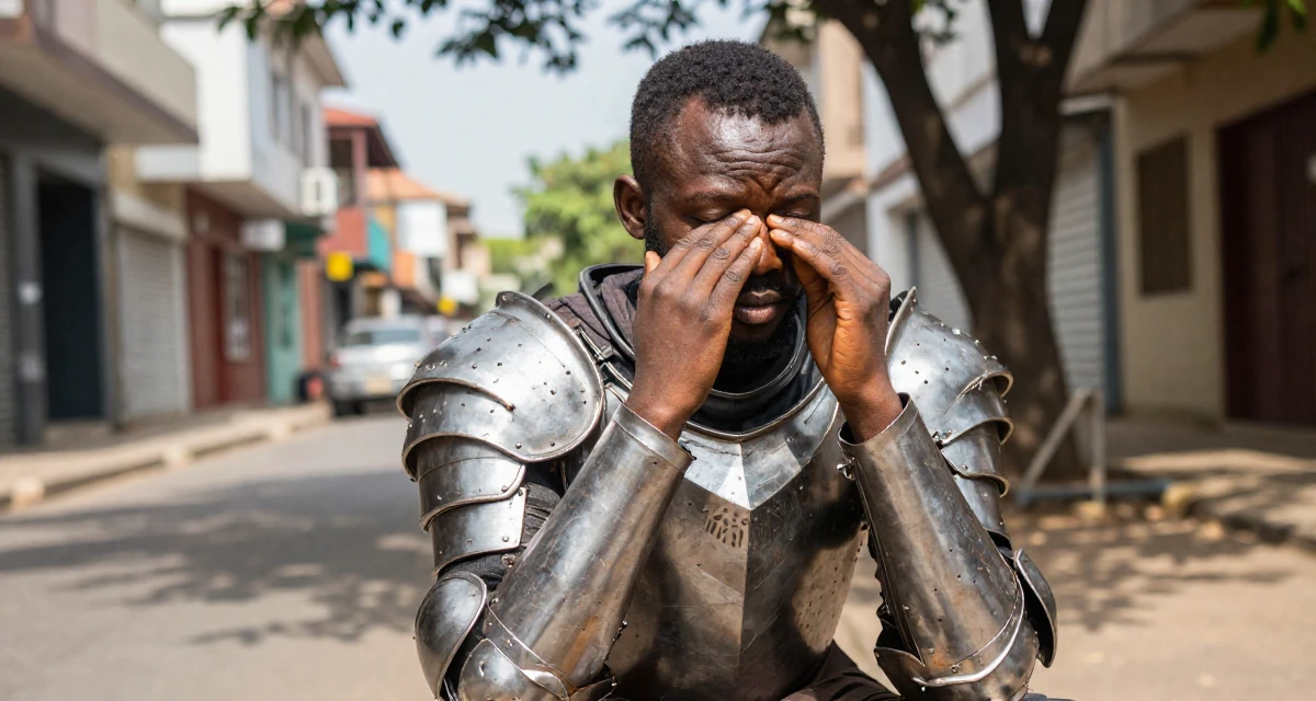 A pensive male From Lagos Nigeria, majored in digital marketing in their 41, focusing on financial independence and investing, wearing a battle-damaged armor showing skin underneath, rubbing eyes in a quaint European street.