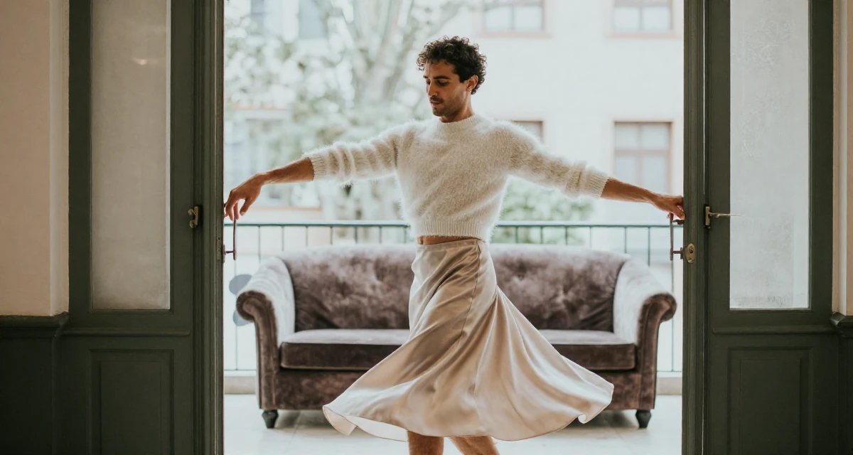 A relieved male From Madrid Spain, studied sensual dance and camera presence in their 30, planning a dream wedding on a budget, wearing a satin midi skirt and a fuzzy cropped sweater, pulling a door open in a university campus.