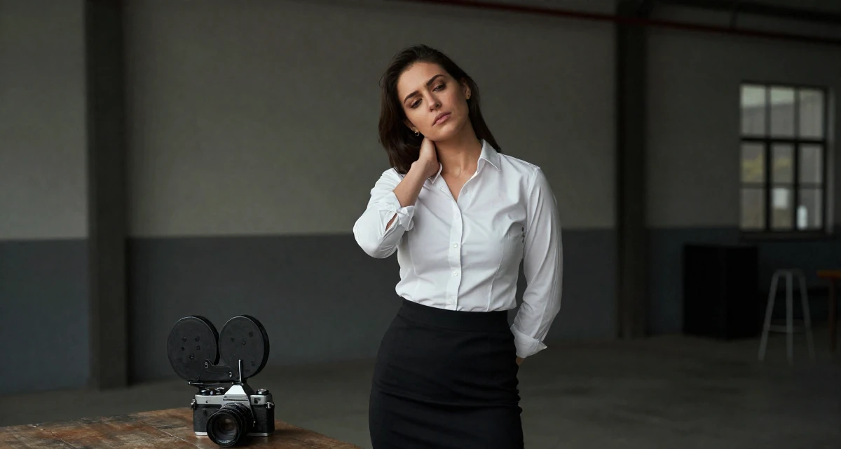 A contemplative Female Previously a bartender, now expressing nightlife energy through content in their 22, scheduling posts to reduce last-minute stress, wearing a fitted white button-down shirt and a black pencil skirt, massaging the neck in a industrial warehouse.
