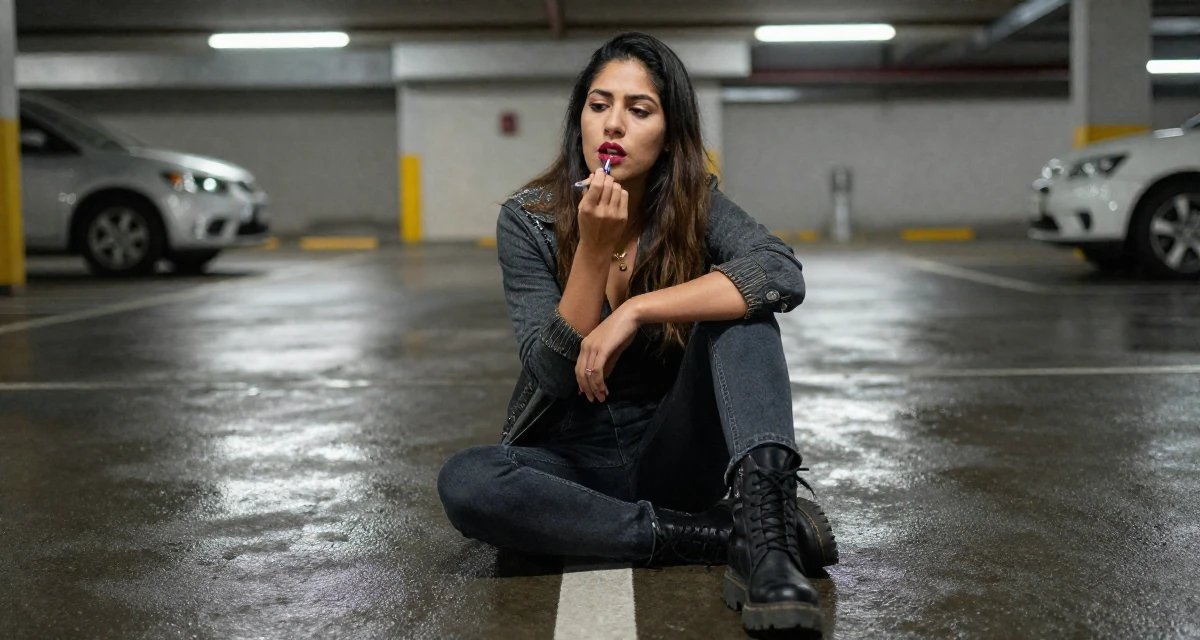 A absent-minded Female From Mexico, majored in law in their 38, handling long working hours with discipline, wearing a edgy street style with boots, applying lipstick in a underground parking garage.