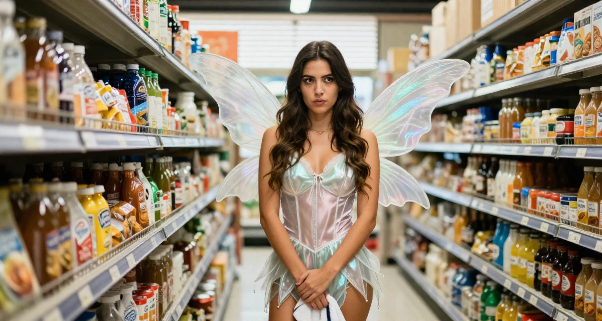 A mischievous Female From Mexico, studied cultural studies in their 25, forming independent opinions and values, wearing a fairy costume with translucent iridescent wings, holding a gym towel in a supermarket aisle.