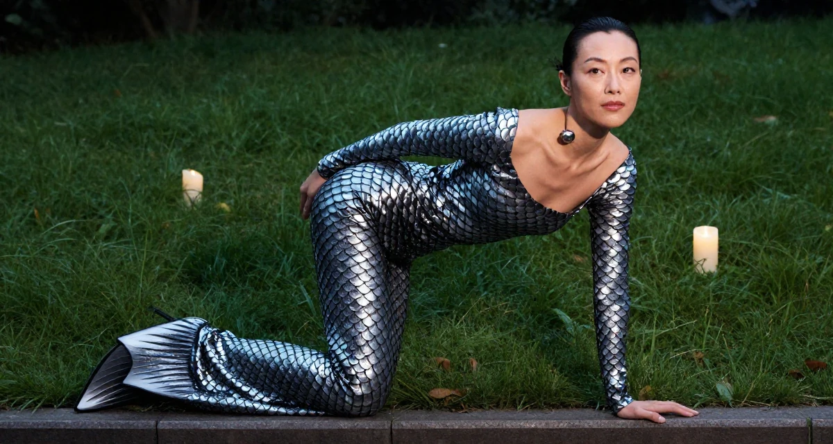 A unbothered Female From Chengdu China, majored in fashion design in their 40, focusing on legacy and long-term wealth, wearing a mermaid scale texture bodysuit with fin details, stepping onto a curb in a grassy field.