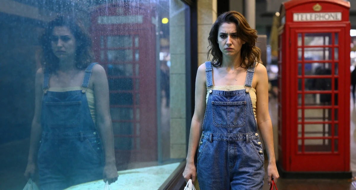 A stressed Female From Uzbekistan, majored in information systems in their 25, establishing a distinct personal brand, wearing a tube top and oversized denim overalls with one strap down, holding a shopping bag in a aquarium tunnel.