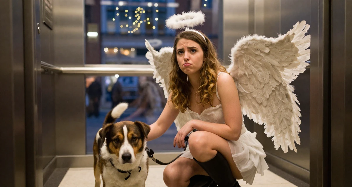 A pouting Female From England, majored in philosophy in their 22, forming connections with potential collaborators, wearing a angel costume with large feathered wings and a halo, walking a dog (leash visible) in a elevator hall.