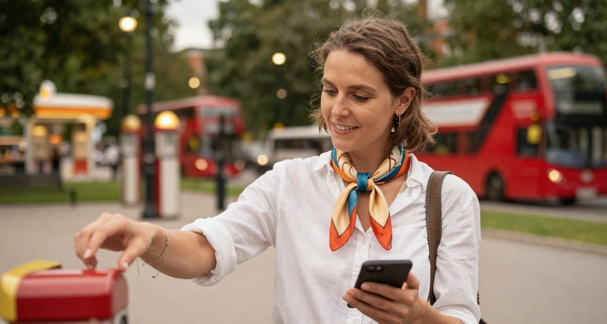 A friendly and approachable Female From Sweden, trained in interior architecture in their 35, sharing the journey of learning a new language, wearing a silk scarf tied around the neck of a white shirt, checking a phone in a quiet park.