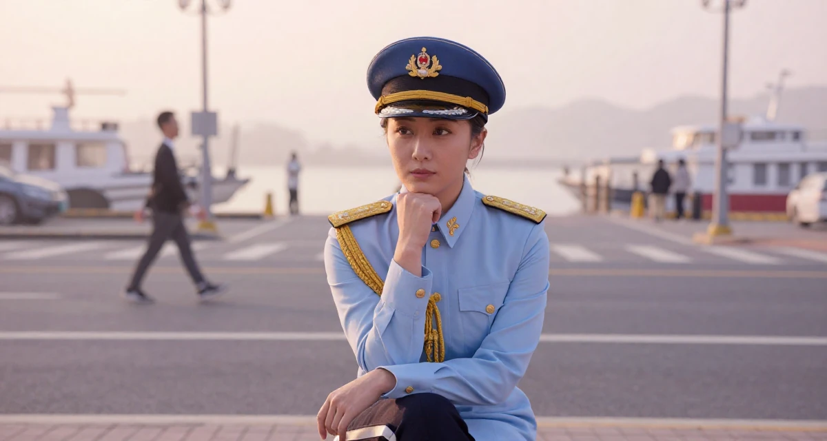 A settled Female Former street-dance trainee, now offering choreography-based fan content in their 42, sharing the reality of executive burnout, wearing a military general uniform with gold braiding and a hat, touching the chin thoughtfully in a foggy harbor.
