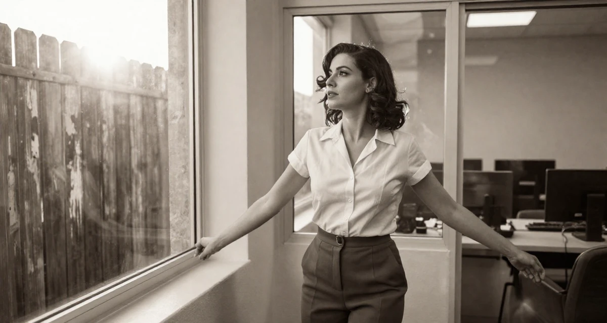 A engrossed Female From Spain, majored in journalism in their 24, managing emotional highs and lows of early adulthood, wearing a refined casual Friday look, checking a reflection in a window in a office break room.