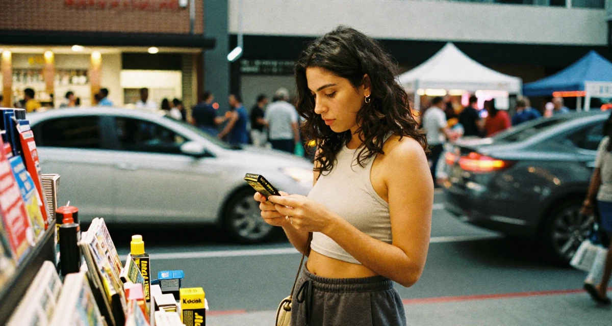 A engrossed Female From USA, studied marketing and consumer behavior in their 25, rethinking long-term career trajectory, wearing a cropped tank top and low-waisted sweatpants, examining a product in a cinema lobby.