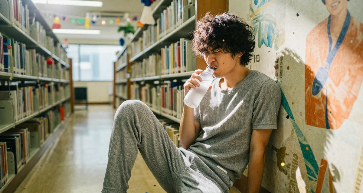 A rebellious male From Japan, majored in interactive media in their 38, handling long working hours with discipline, wearing a ribbed lounge set that hugs the curves, holding a water bottle in a library aisle.
