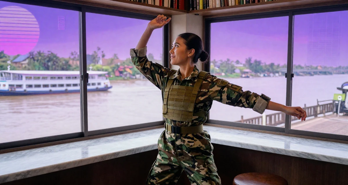 A whimsical Female From Chiang Mai Thailand, studied alternative wellness and body flow in their 25, demanding respect in professional settings, wearing a commando outfit with camouflage paint and tactical harness, looking out the window in a cozy reading nook by a window.