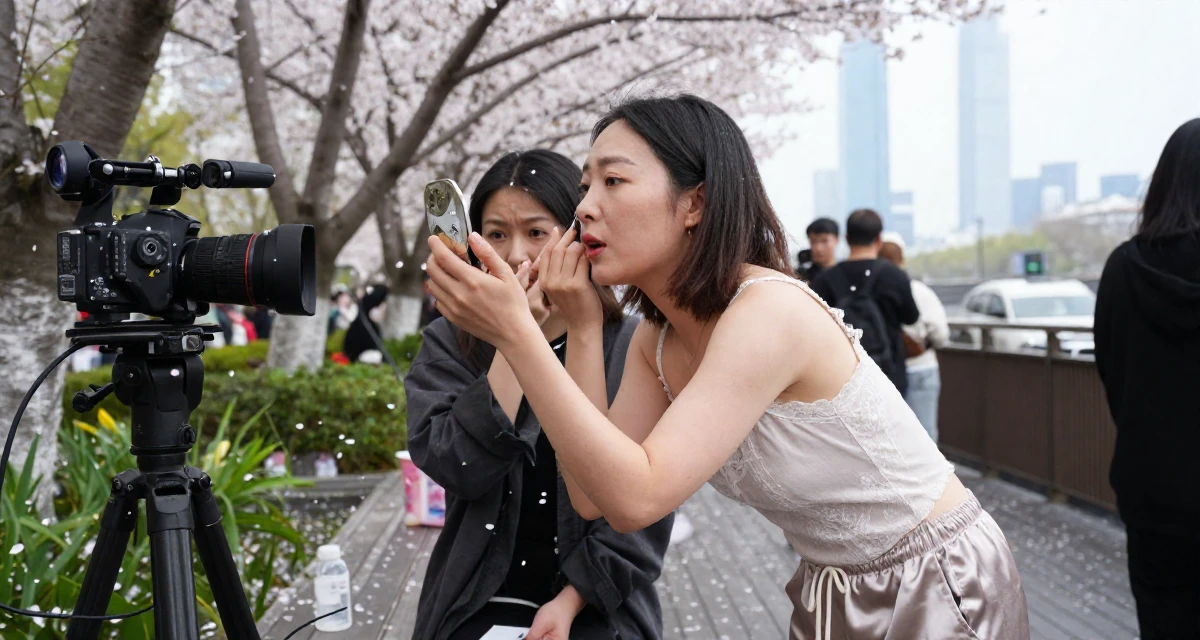 A alert and attentive Female From Nanjing China, picked up videography working backstage at events in their 41, rebuilding confidence after job loss, wearing a lace-trimmed camisole and silk lounge shorts, checking makeup in a compact mirror in a garden patio.