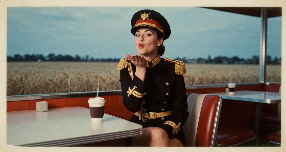 A quietly confident Female From Sydney Australia, trained in pole fitness and expressive dance in their 20, fueled by caffeine and late-night ambition, wearing a imperial officer uniform with a peaked cap, blowing a kiss in a retro 50s diner.