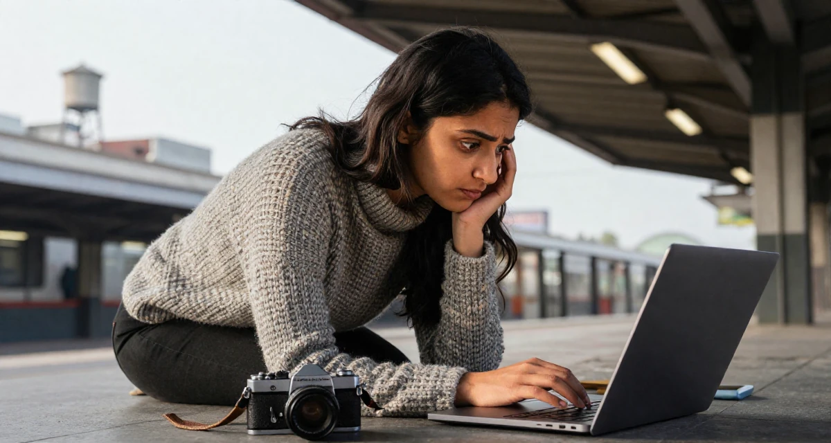 A deeply absorbed Female From New Delhi India, majored in English literature in their 21, reading philosophy and questioning everything, wearing a textured wool sweater, typing on a laptop in a subway station.