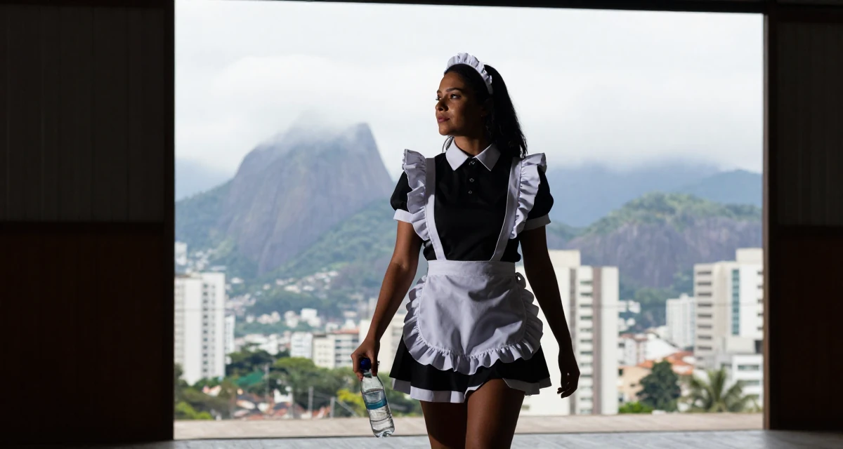 A dreamy Female From Brazil, based in Rio de Janeiro, graduated from an arts academy majoring in performance aesthetics in their 23, using confidence as the core of seductive branding, wearing a maid outfit with a white apron and ruffled headband, holding a water bottle in a barn interior.