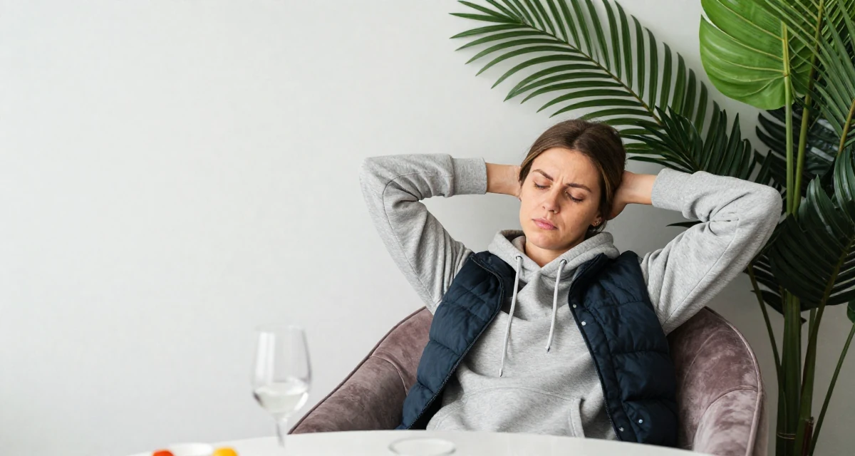 A determined Female From Gothenburg Sweden, studied sustainable development in their 20, wearing a hoodie and looking sleep-deprived, wearing a layered vest over hoodie, holding a wine glass by the stem in a breakfast nook.