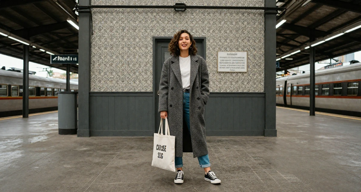 A vibrant and alive Female Once a tattoo shop cashier, now modeling body-art-centric content in their 21, feeling the pressure of impending graduation, wearing a tailored coat with casual sneakers, carrying a tote bag in a industrial warehouse.