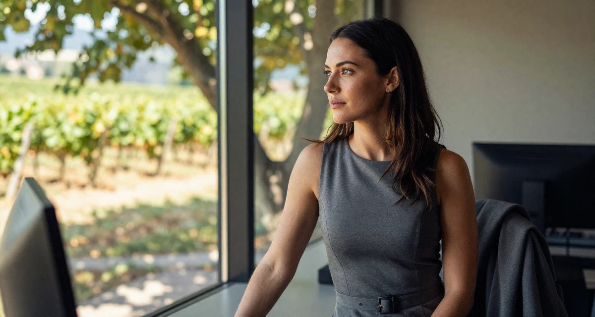 A composed Female Previously a hotel receptionist, now a travel-inspired content creator in their 40, fit and active lifestyle advocate, wearing a fitted sleeveless shift dress with a belt, looking out the window in a cybernetic computer lab.