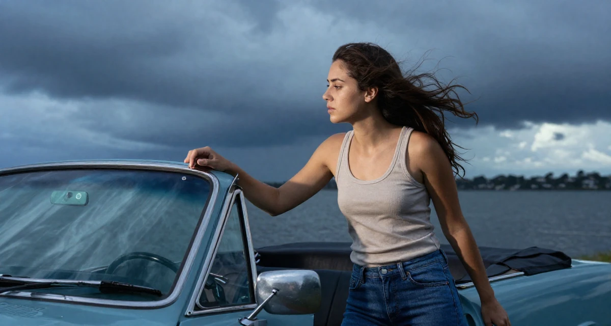 A refreshed Female Grew up in Australia, majored in digital communication in their 25, struggling to maintain motivation in early studies, wearing a simple tank top and jeans, checking a reflection in a window in a vintage convertible car.