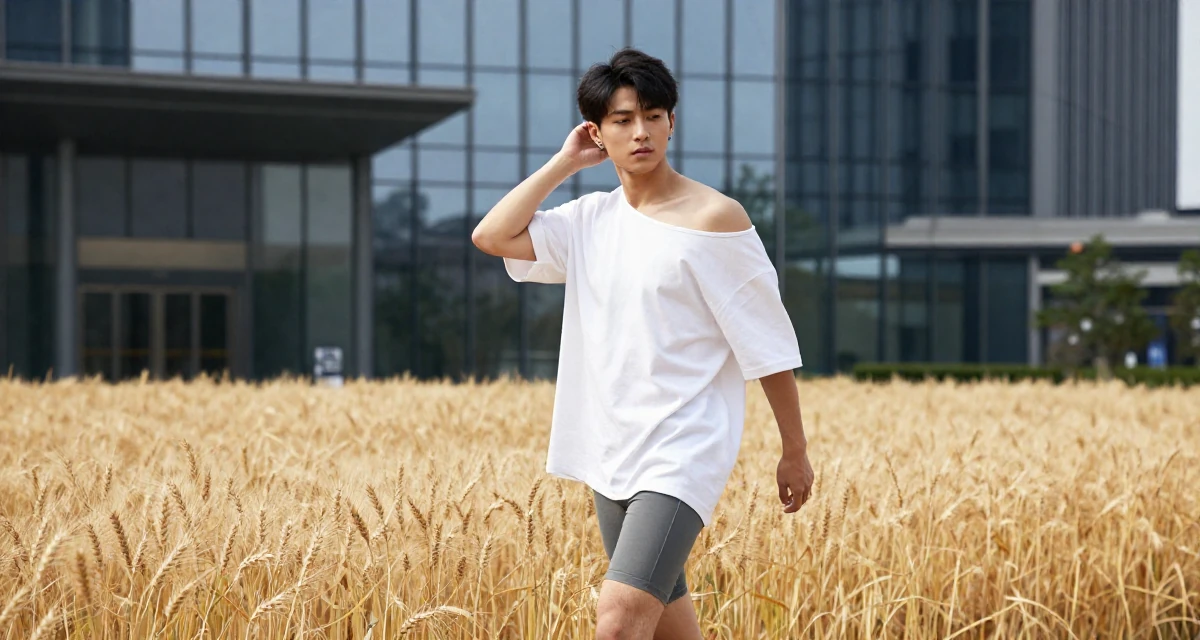 A aloof but intriguing male From Wuhan China, studied marketing and communications in their 24, walking briskly with purpose and focus, wearing a oversized white shirt worn off one shoulder and biker shorts, putting on earrings in a golden wheat field.