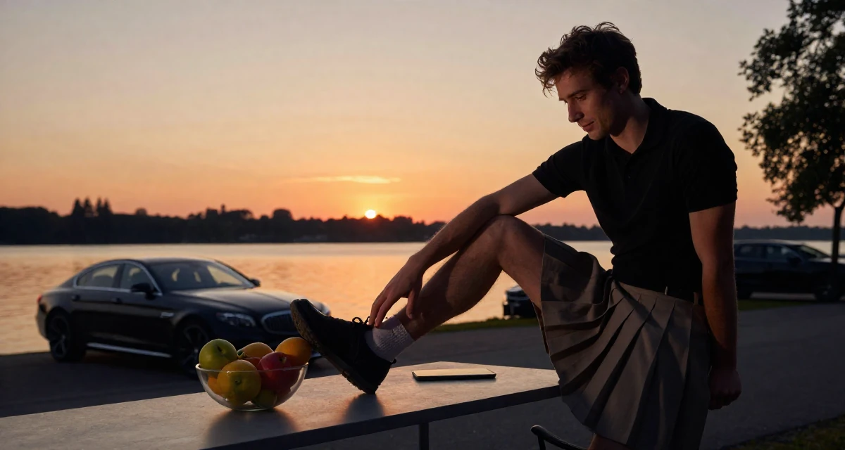 A nostalgic male From Netherlands, studied media and culture in their 29, balancing content creation with part-time work, wearing a short pleated skirt and a tight polo shirt, tapping a foot in a lakeside dock.