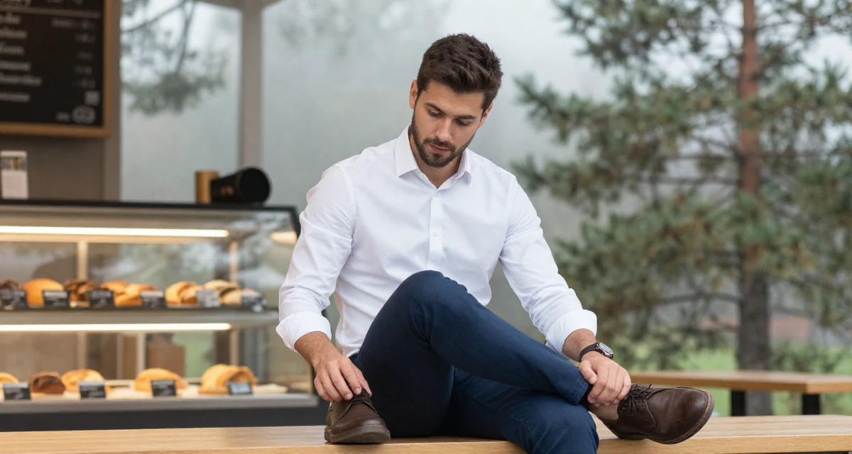A guarded male From Munich Germany, studied mechanical engineering in their 23, realizing “less is more” in seductive storytelling, wearing a crisp white shirt and chinos, looking down at shoes in a bakery counter.