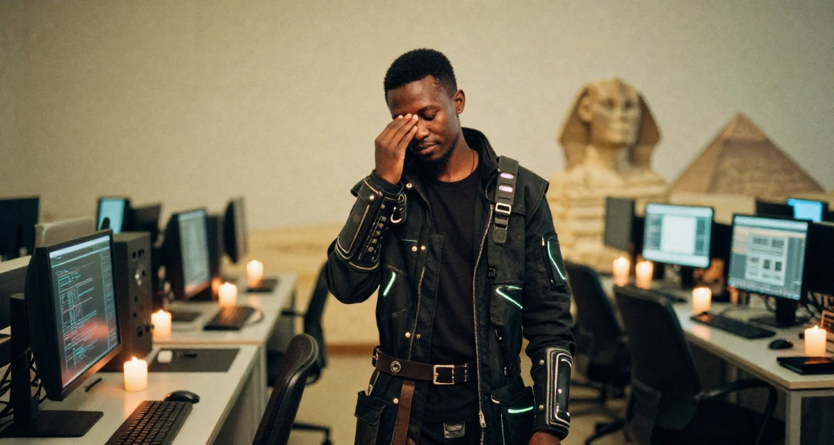 A serene and peaceful male From Rwanda, majored in social innovation in their 25, forming independent opinions and values, wearing a cyberpunk street samurai gear with neon accents, rubbing eyes in a cybernetic computer lab.