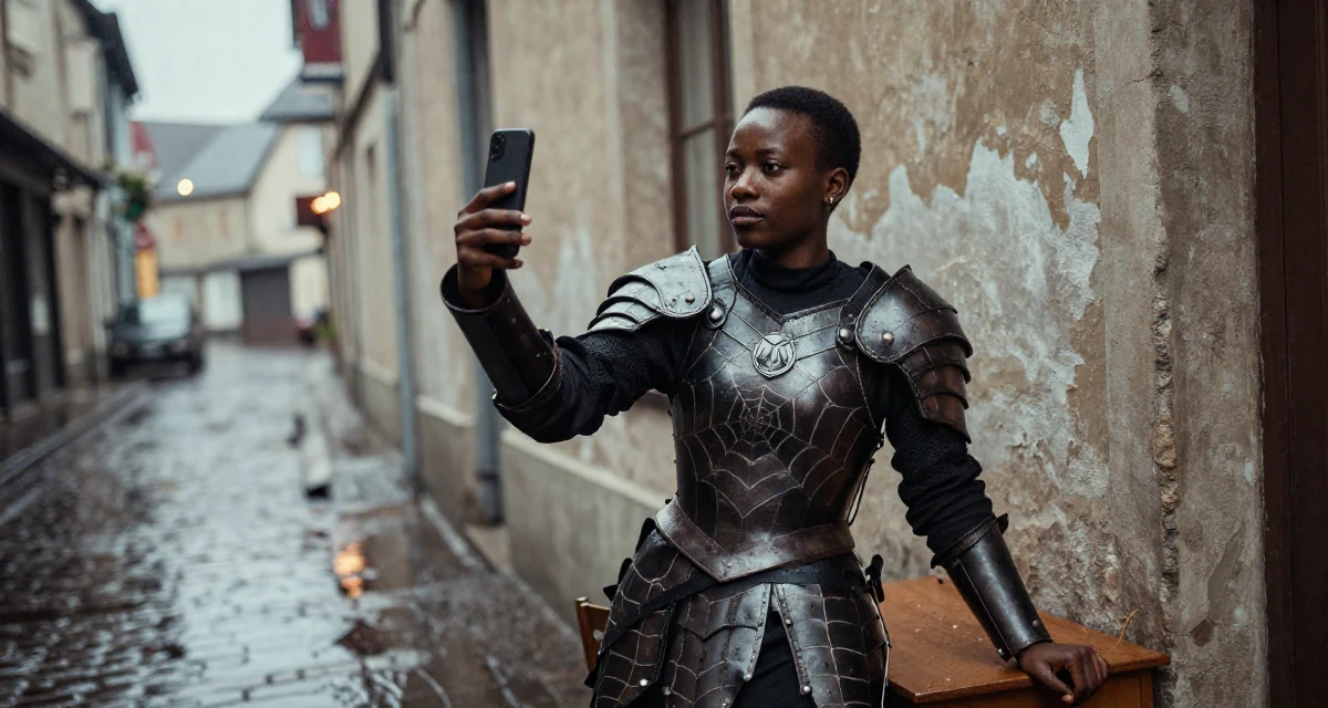 A timid Female From Ivory Coast, studied music production in their 25, adapting to early adult responsibilities, wearing a dark elf leather armor with spiderweb motifs, posing for a selfie in a quaint European street.