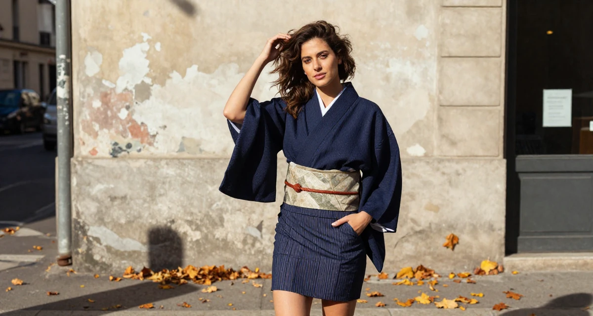 A alluring Female From France, studied fashion design in their 23, balancing vulnerability and professionalism, wearing a shrine maiden outfit with a short hakama skirt, sliding a hand into a pocket in a bustling city street.
