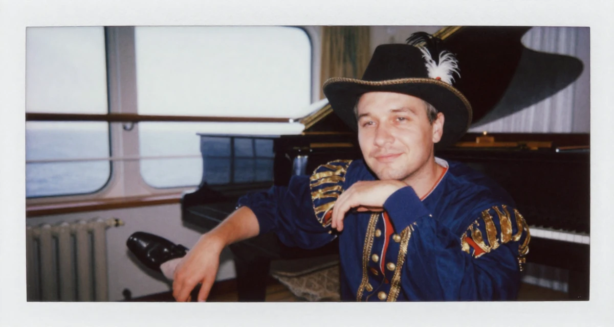 A zen-like male From Russia, has a background in piano performance in their 34, advocating for eco-friendly parenting, wearing a royal musketeer tunic with a feathered hat, tapping a foot in a cruise ship deck.