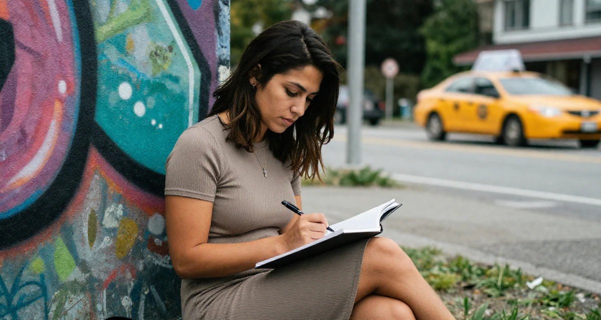 A longing Female From Canada, based in Vancouver, graduated from an arts institute majoring in creative media in their 25, navigating emotionally intense relationships, wearing a fitted ribbed dress, writing in a notebook in a camping site.