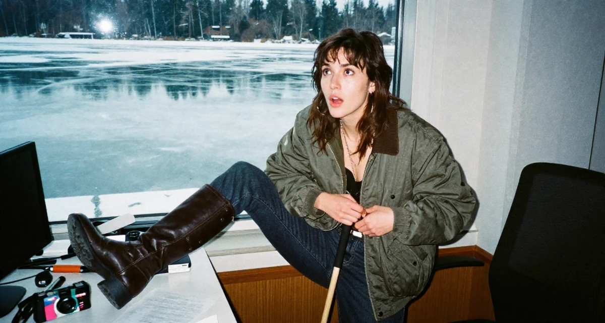 A surprised Female Previously a hotel receptionist, now a travel-inspired content creator in their 23, wondering if this hustle is worth the stress, wearing a edgy street style with boots, buttoning a jacket in a messy desk.