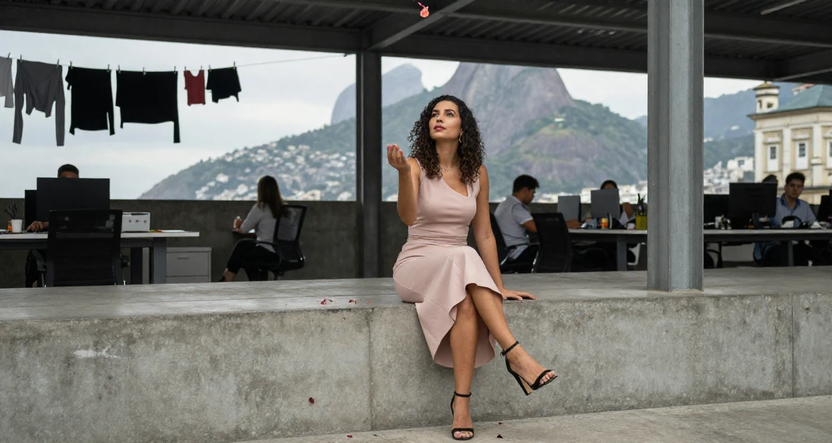 A proud Female From Rio de Janeiro Brazil, majored in public relations in their 25, planning next steps in personal development, wearing a elegant midi skirt with a high slit and heels, catching a falling flower petal in a busy coworking space.